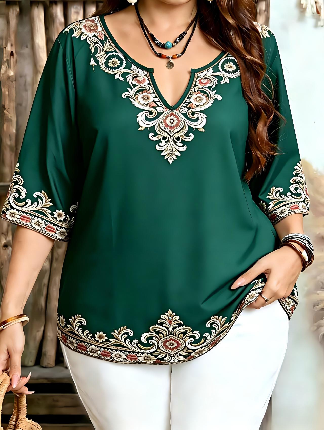 Plus-size Womens Ethnic-style V-neck Mid-sleeve Top With Floral Print