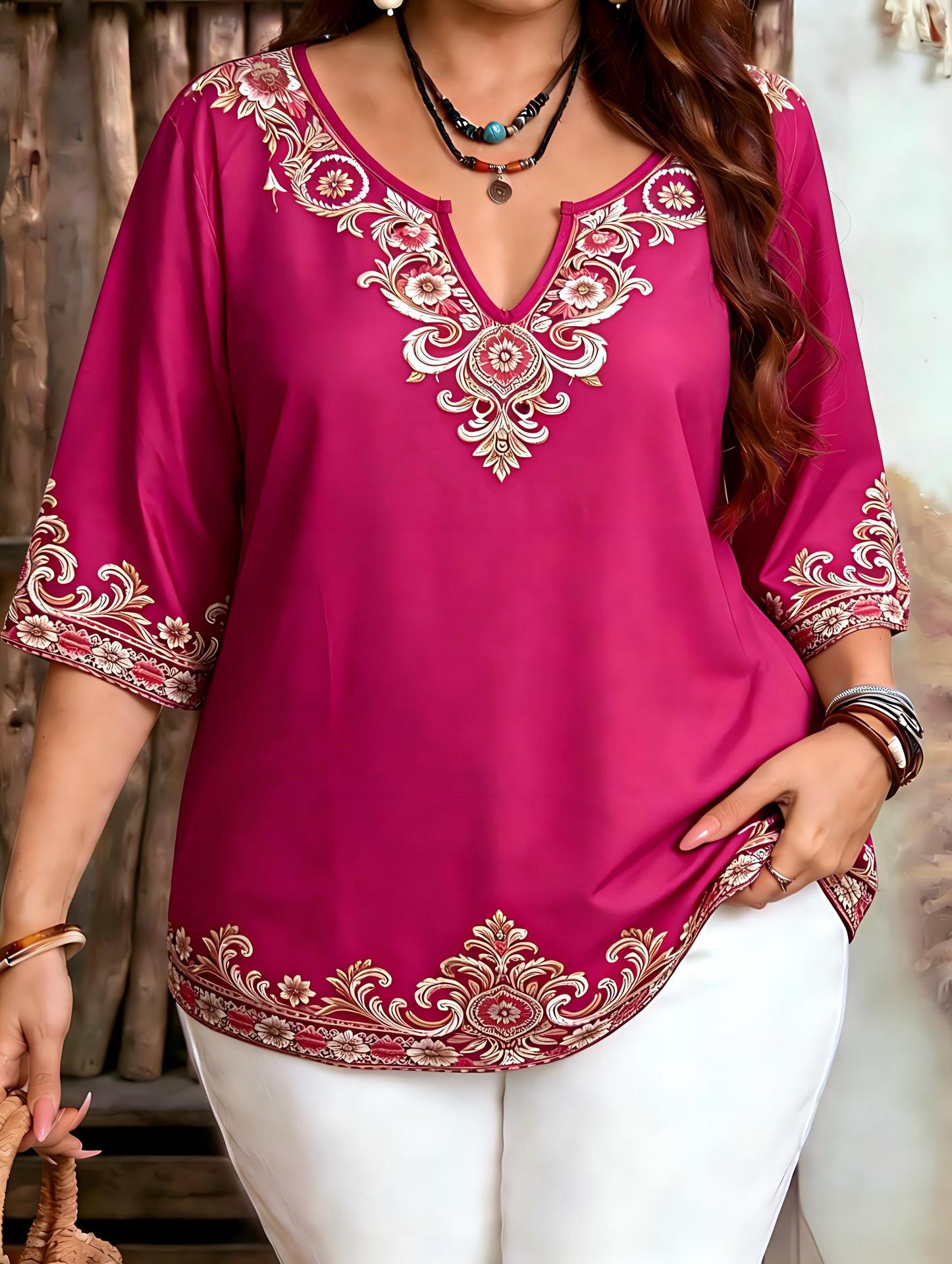 Plus-size Womens Ethnic-style V-neck Mid-sleeve Top With Floral Print