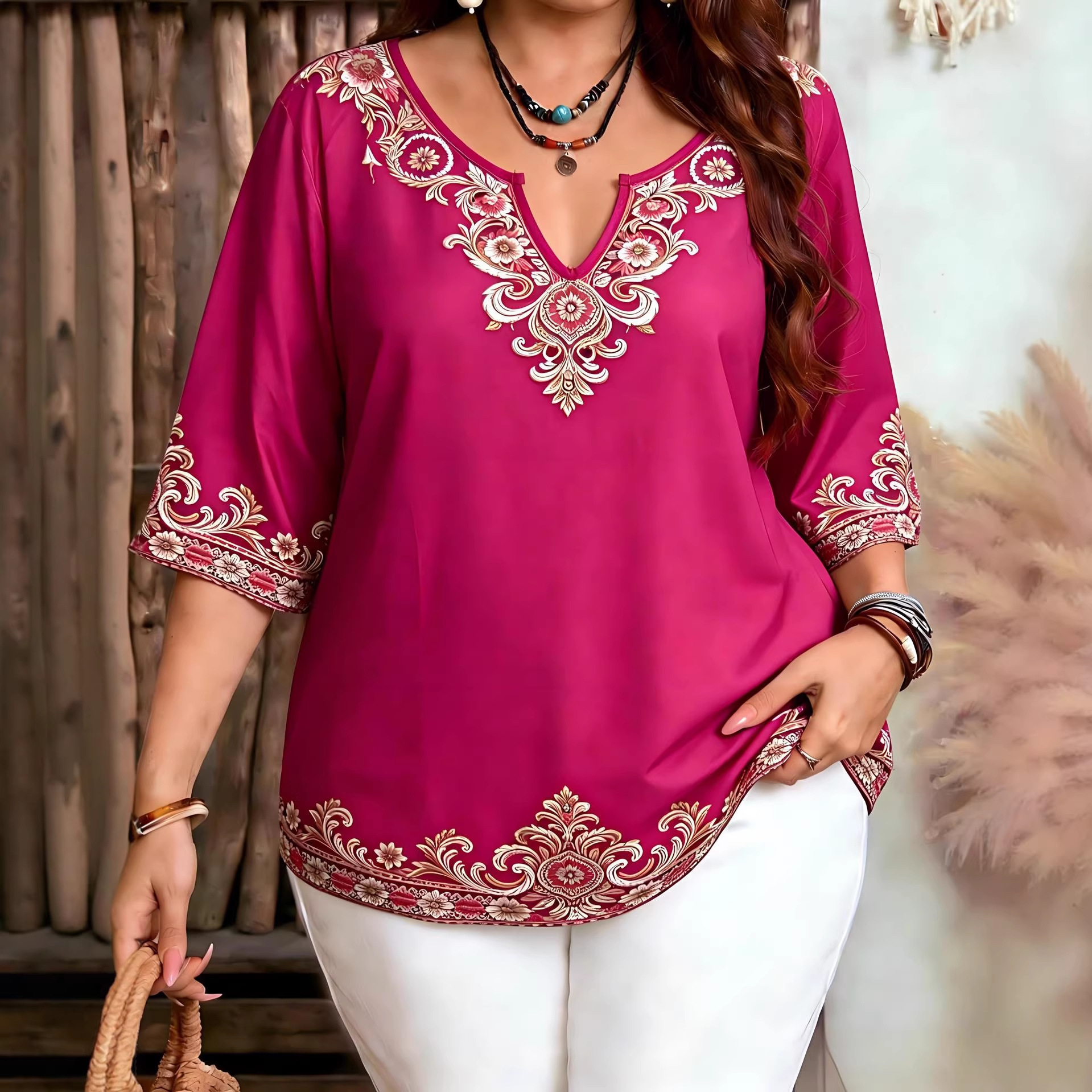Plus-size Womens Ethnic-style V-neck Mid-sleeve Top With Floral Print