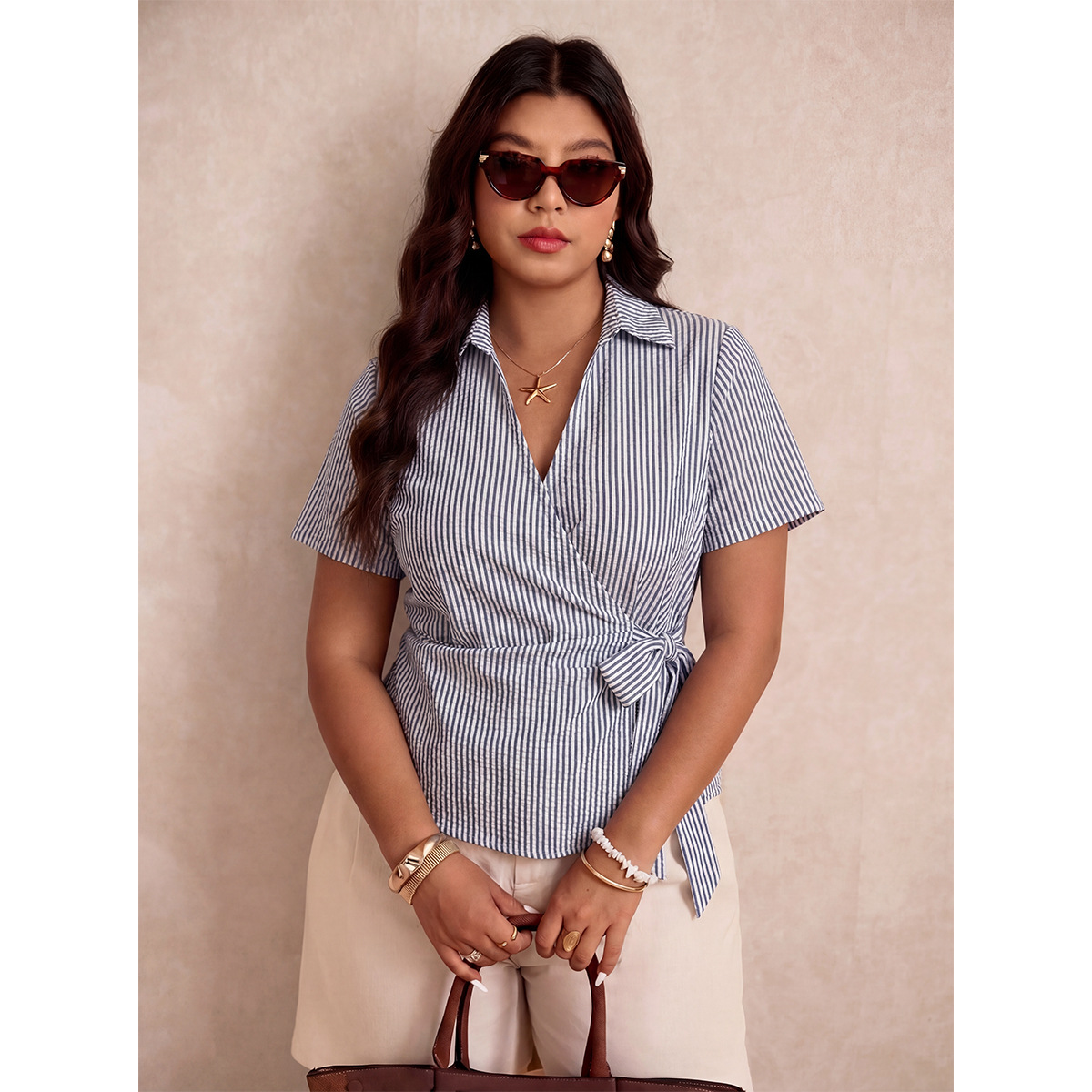 Plus-size Womens Striped Short-sleeve Blouse