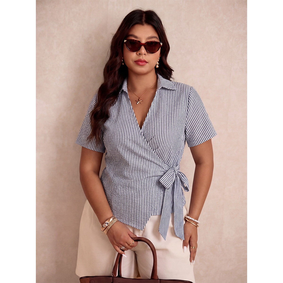 Plus-size Womens Striped Short-sleeve Blouse