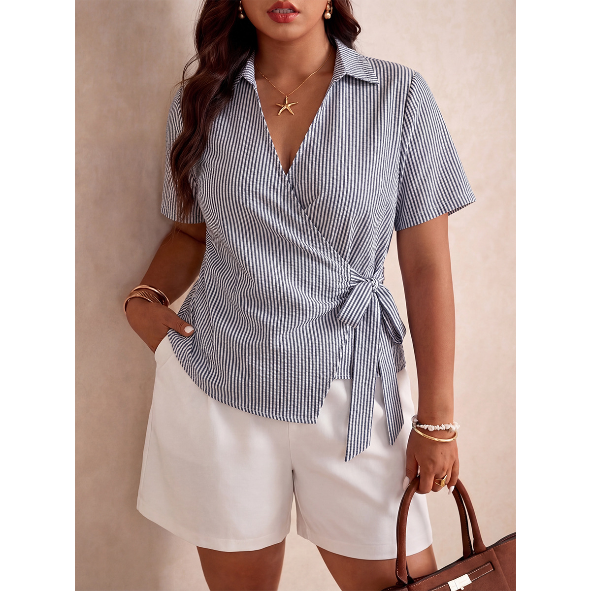 Plus-size Womens Striped Short-sleeve Blouse