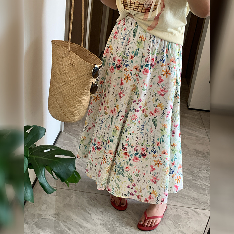 Plus-size Womens Versatile Elastic-waist Floral Skirt, Midi Skirt