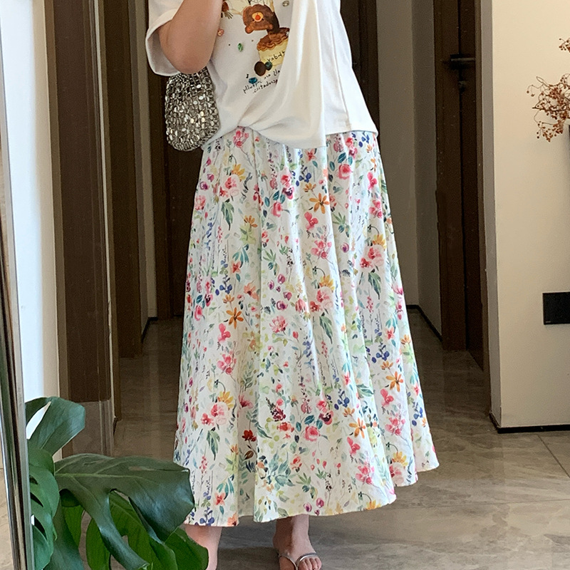 Plus-size Womens Versatile Elastic-waist Floral Skirt, Midi Skirt