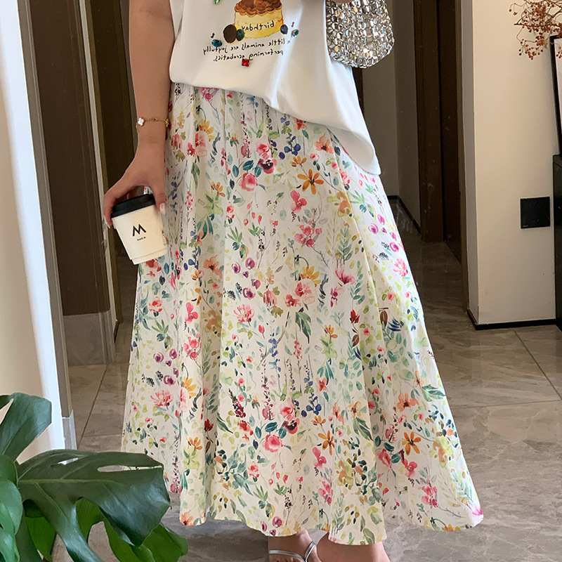 Plus-size Womens Versatile Elastic-waist Floral Skirt, Midi Skirt