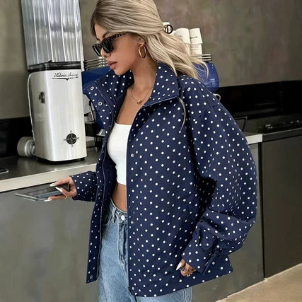Polka-dot Printed Woven Craft Relaxed-fit Short Coat