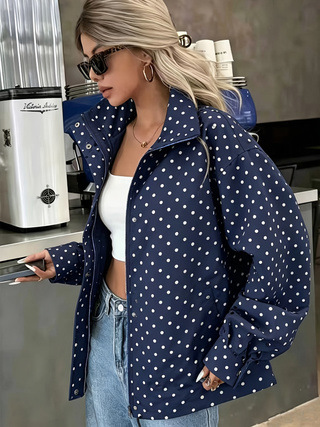 Polka-dot Printed Woven Craft Relaxed-fit Short Coat