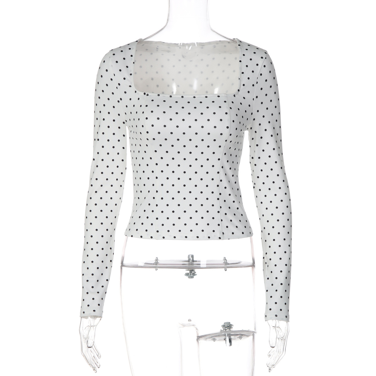 Polka-dot Square-neckline Waist-defined Long-sleeve Top
