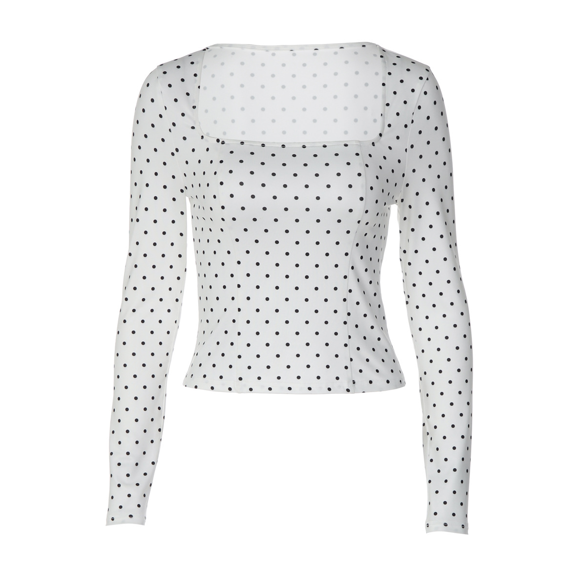 Polka-dot Square-neckline Waist-defined Long-sleeve Top