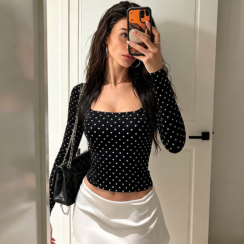 Polka-dot Square-neckline Waist-defined Long-sleeve Top