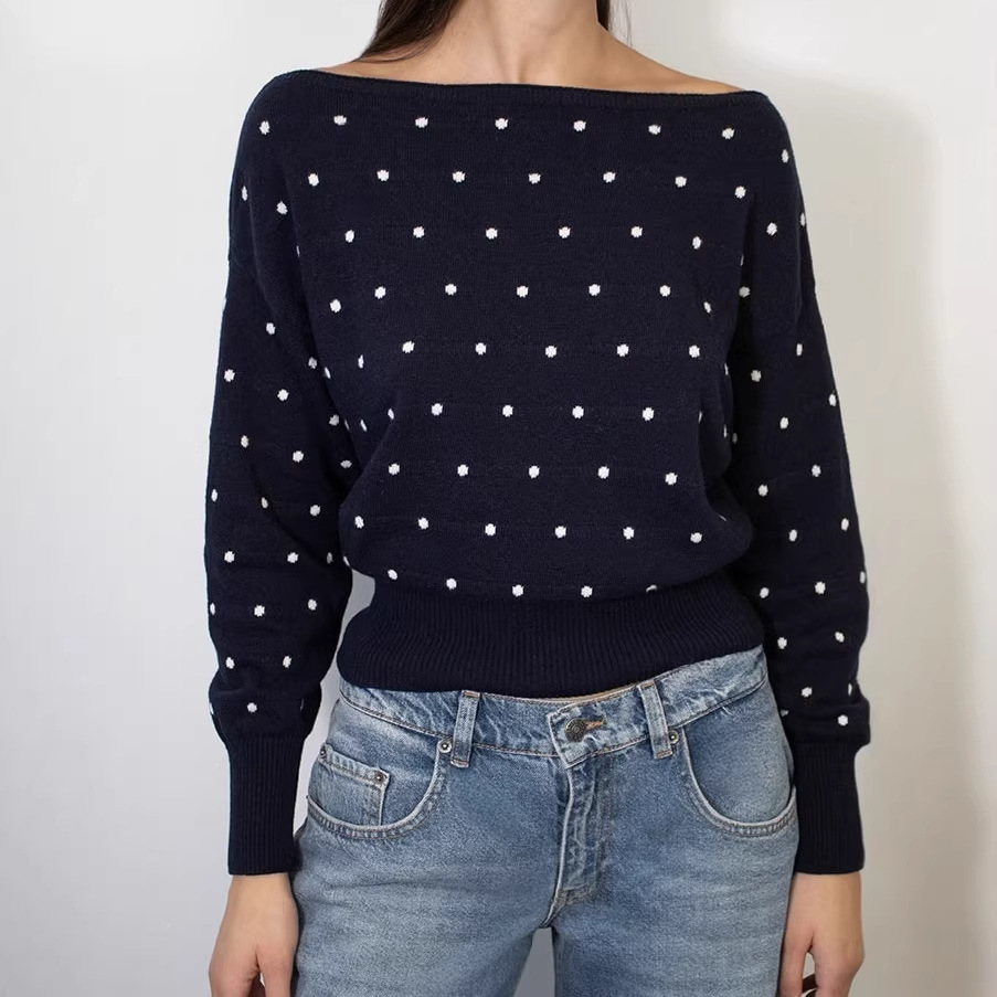 Polka-Dot Waist-Cinching Knitted Pullover Sweater