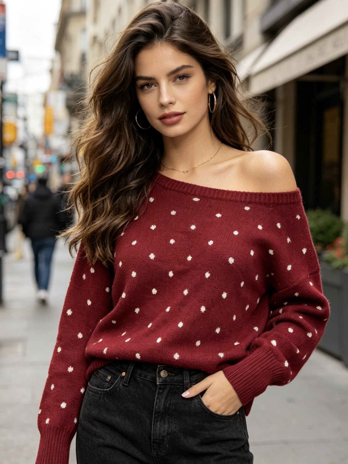 Polka-Dot Waist-Cinching Knitted Pullover Sweater