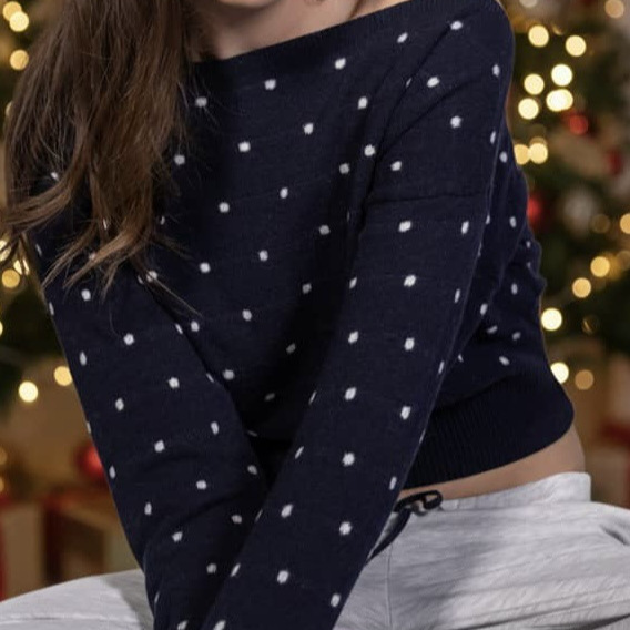 Polka-Dot Waist-Cinching Knitted Pullover Sweater