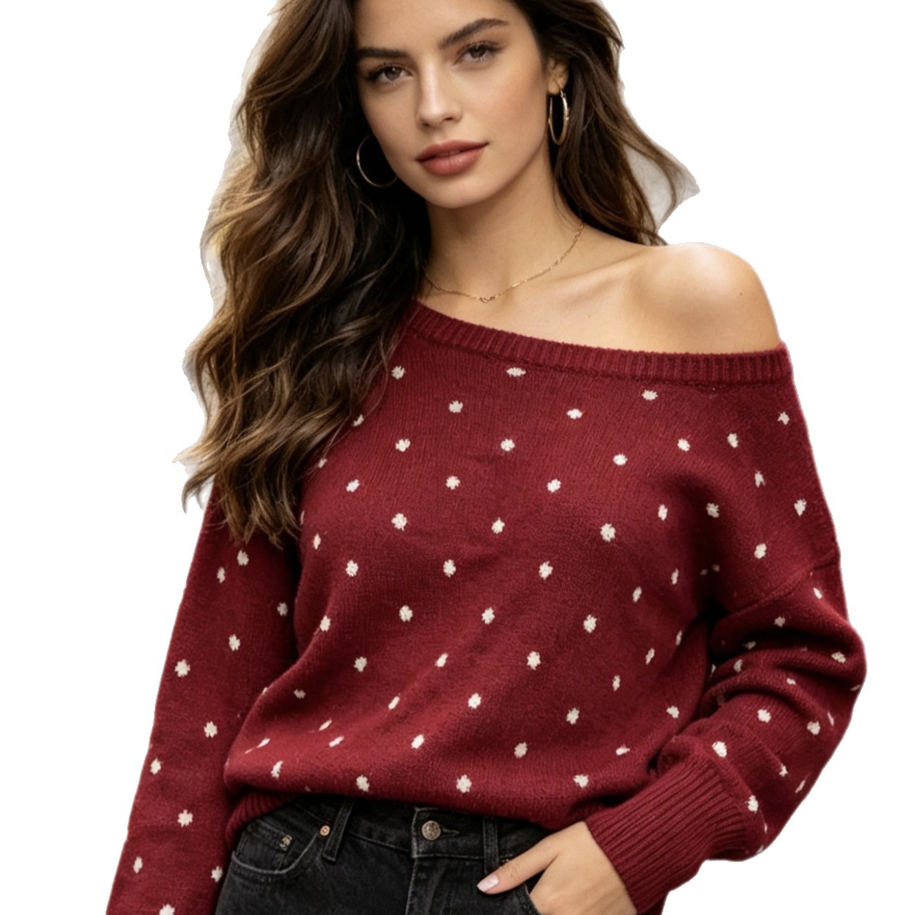 Polka-Dot Waist-Cinching Knitted Pullover Sweater