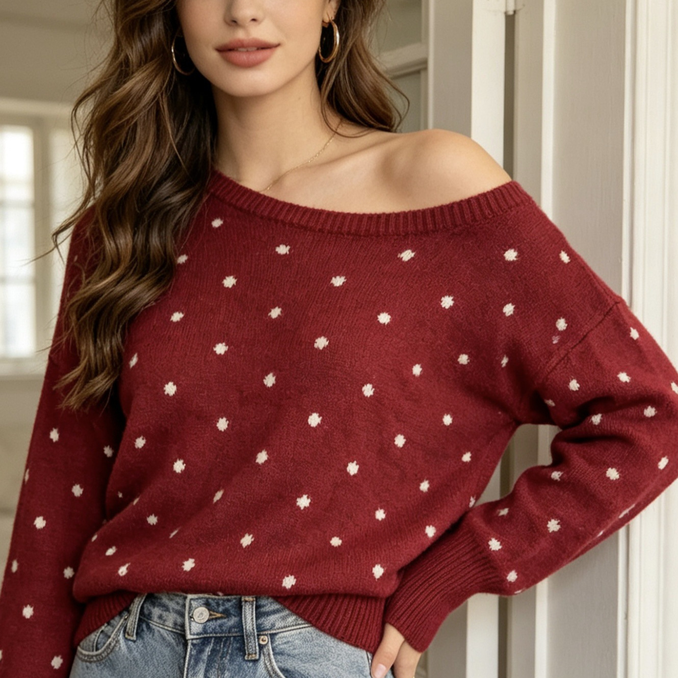 Polka-Dot Waist-Cinching Knitted Pullover Sweater
