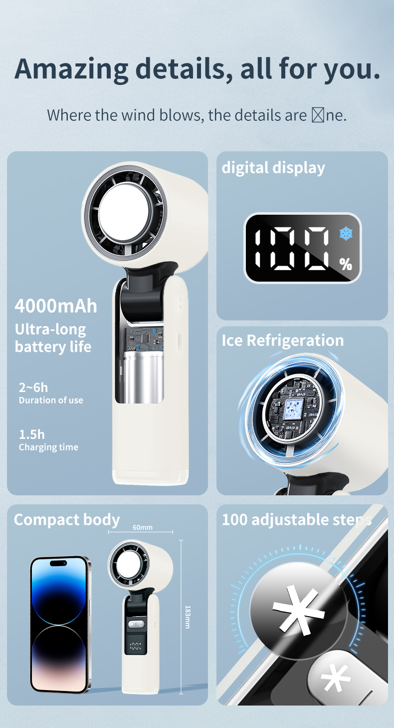 Portable Handheld Fan, Speed Adjustable Turbo Mini Fan, Reduced Temperature Mode