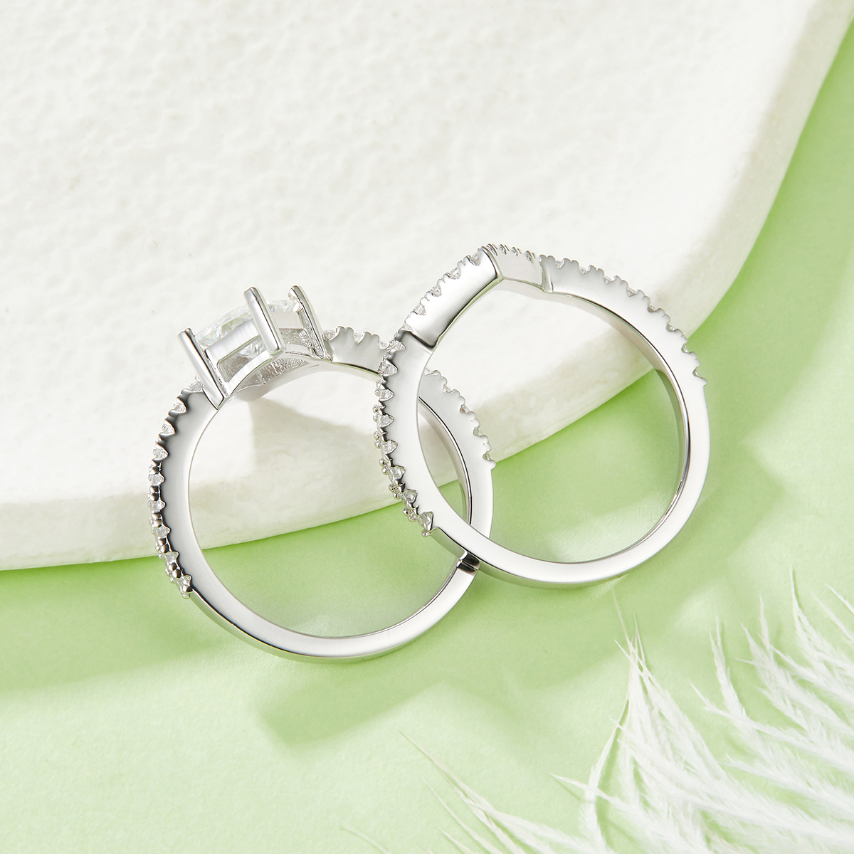 Juego de anillos de compromiso de moissanita de talla princesa, plata, 1 quilate, Color D, alianza de boda VVS1 con