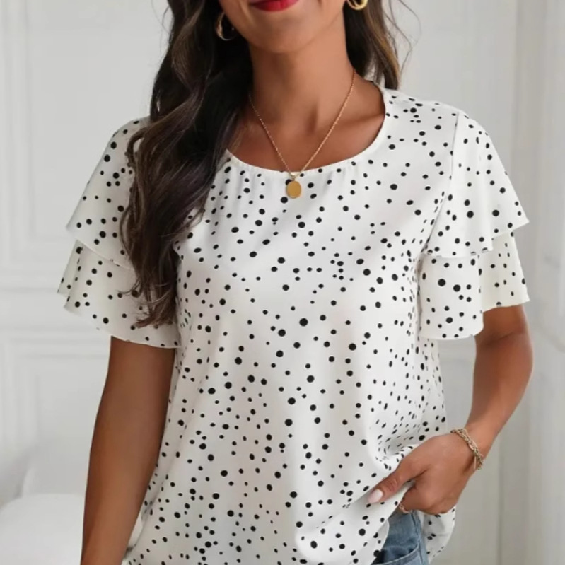Princess-sleeve Round-neck Womens Polka-dot Printed Short-sleeve Shirt