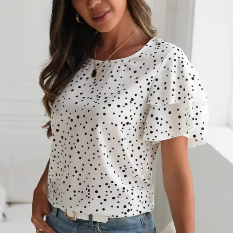 Princess-sleeve Round-neck Womens Polka-dot Printed Short-sleeve Shirt