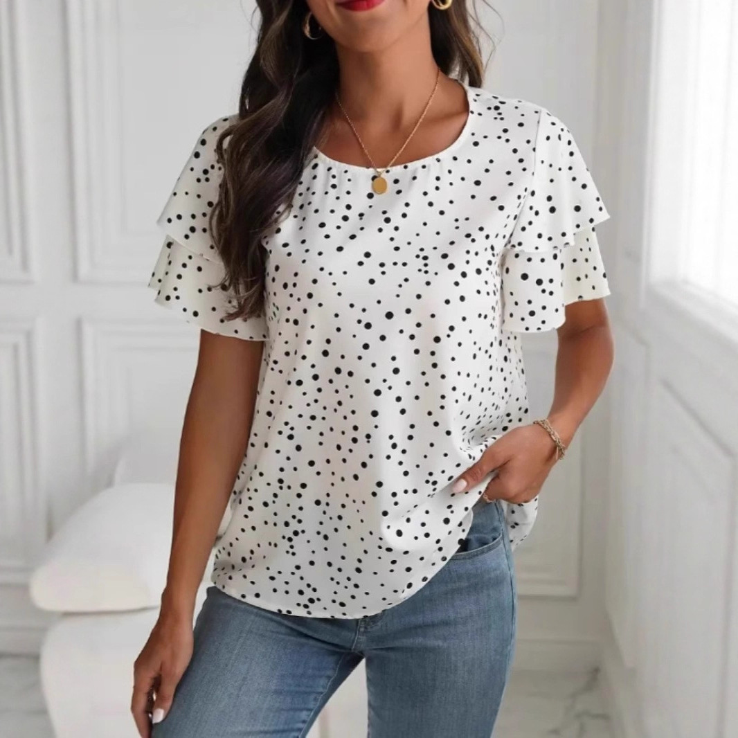 Princess-sleeve Round-neck Womens Polka-dot Printed Short-sleeve Shirt