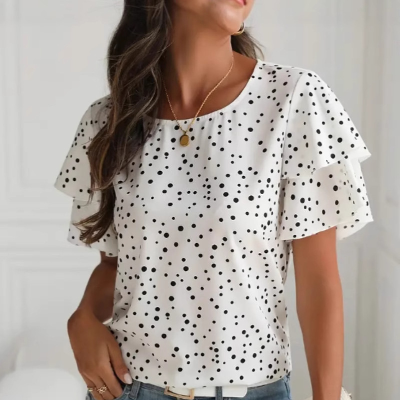 Princess-sleeve Round-neck Womens Polka-dot Printed Short-sleeve Shirt