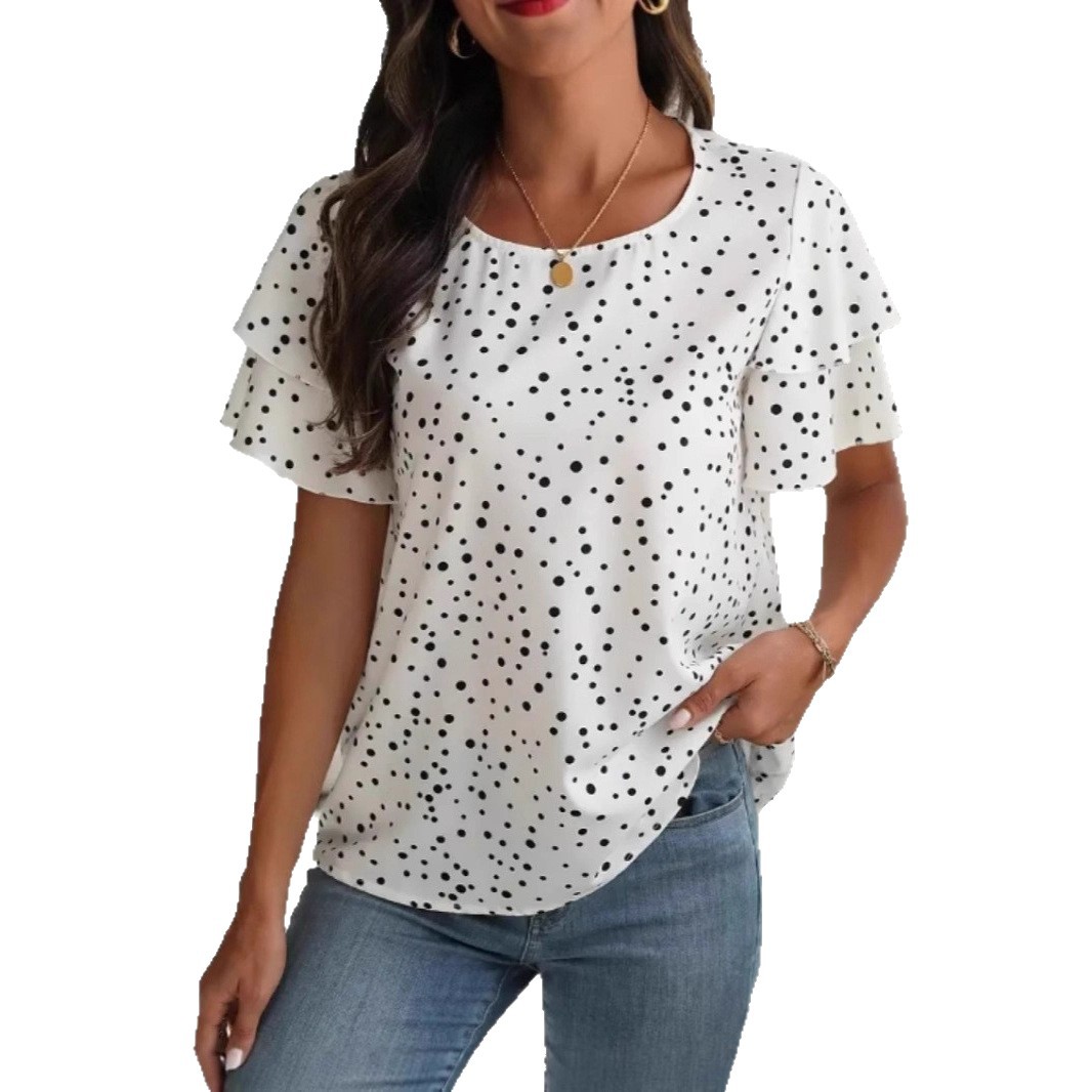 Princess-sleeve Round-neck Womens Polka-dot Printed Short-sleeve Shirt