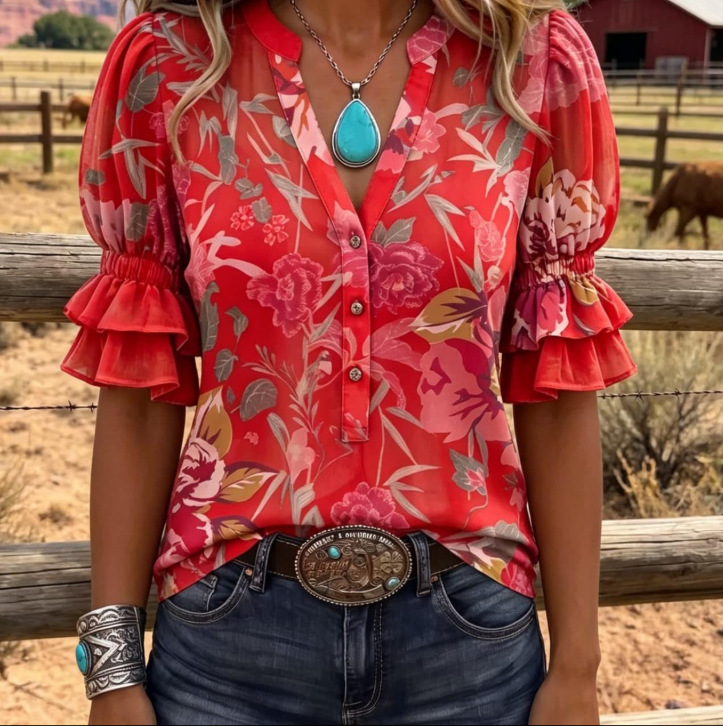 Printed-button Womens Crew-neck Top