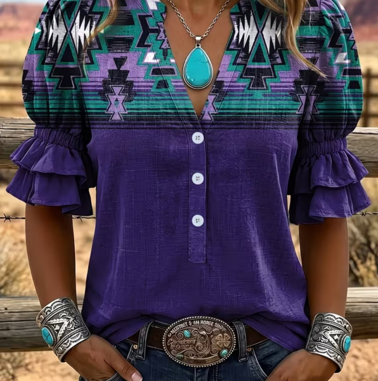Printed-button Womens Crew-neck Top