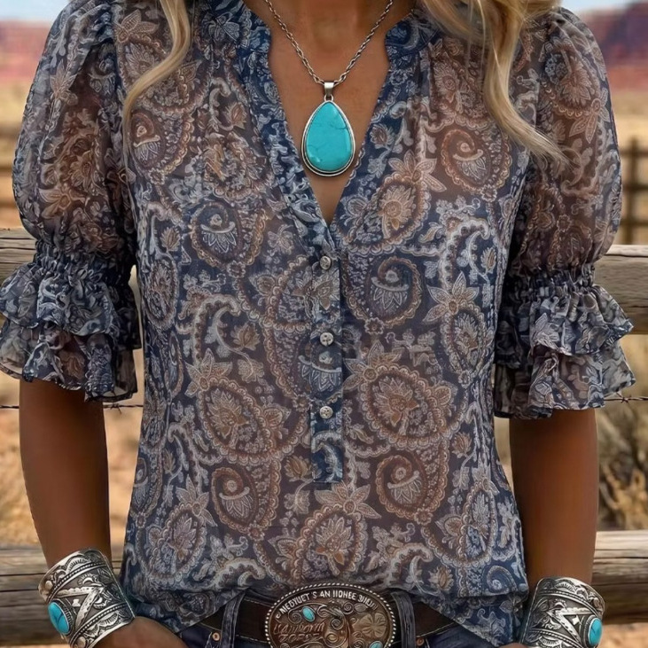 Printed-button Womens Crew-neck Top