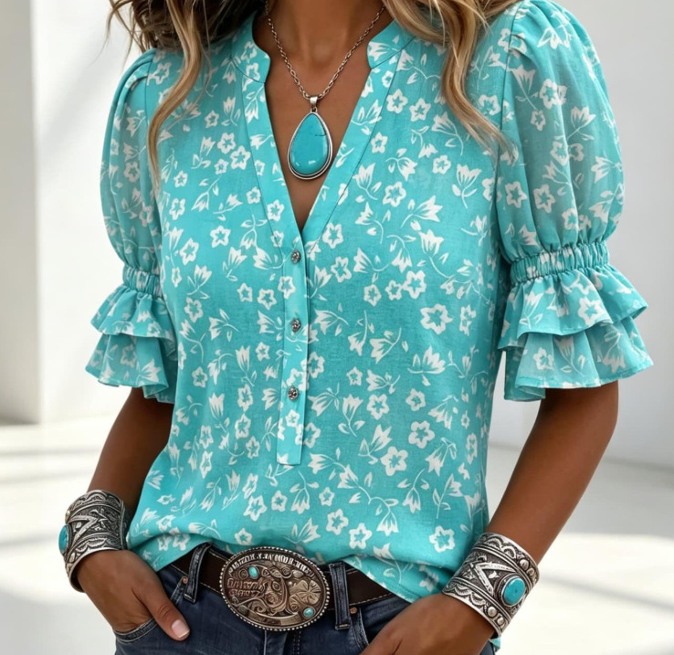 Printed-button Womens Crew-neck Top