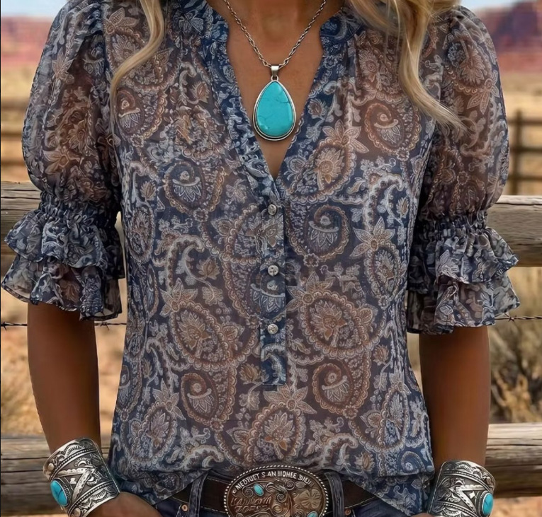 Printed-button Womens Crew-neck Top