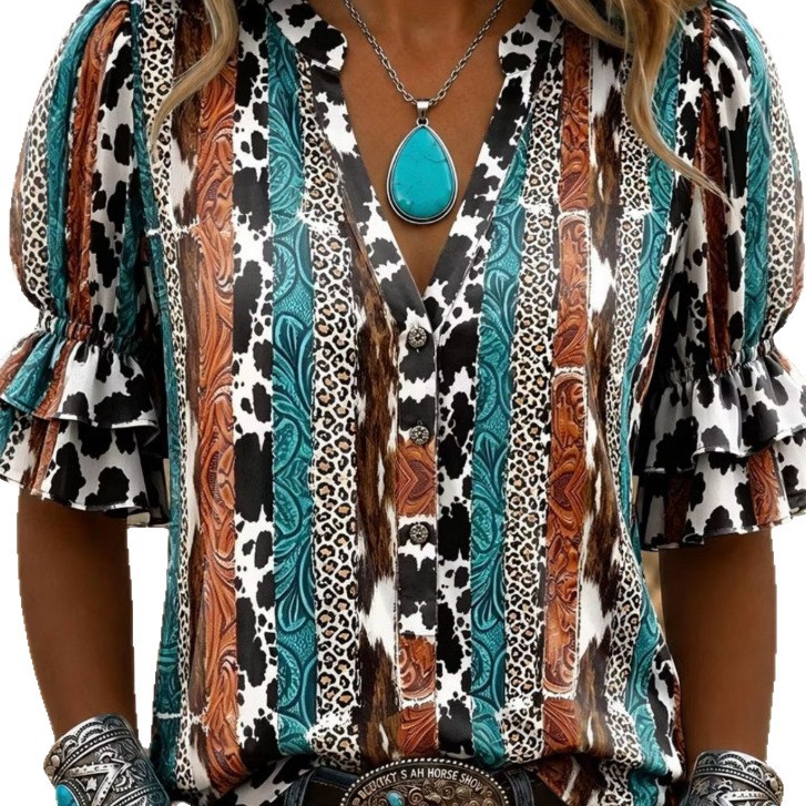 Printed-button Womens Crew-neck Top