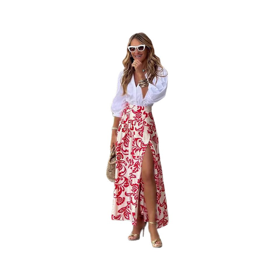 Printed High-waisted Sexy Split Maxi Skirt Womens Skirt