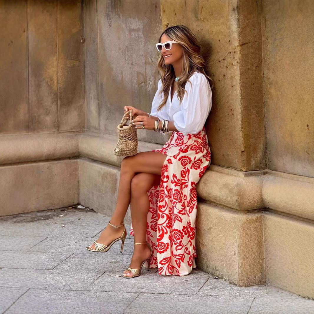 Printed High-waisted Sexy Split Maxi Skirt Womens Skirt