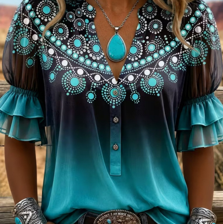 Printed Summer Button-Down Womens Crew-Neck Top
