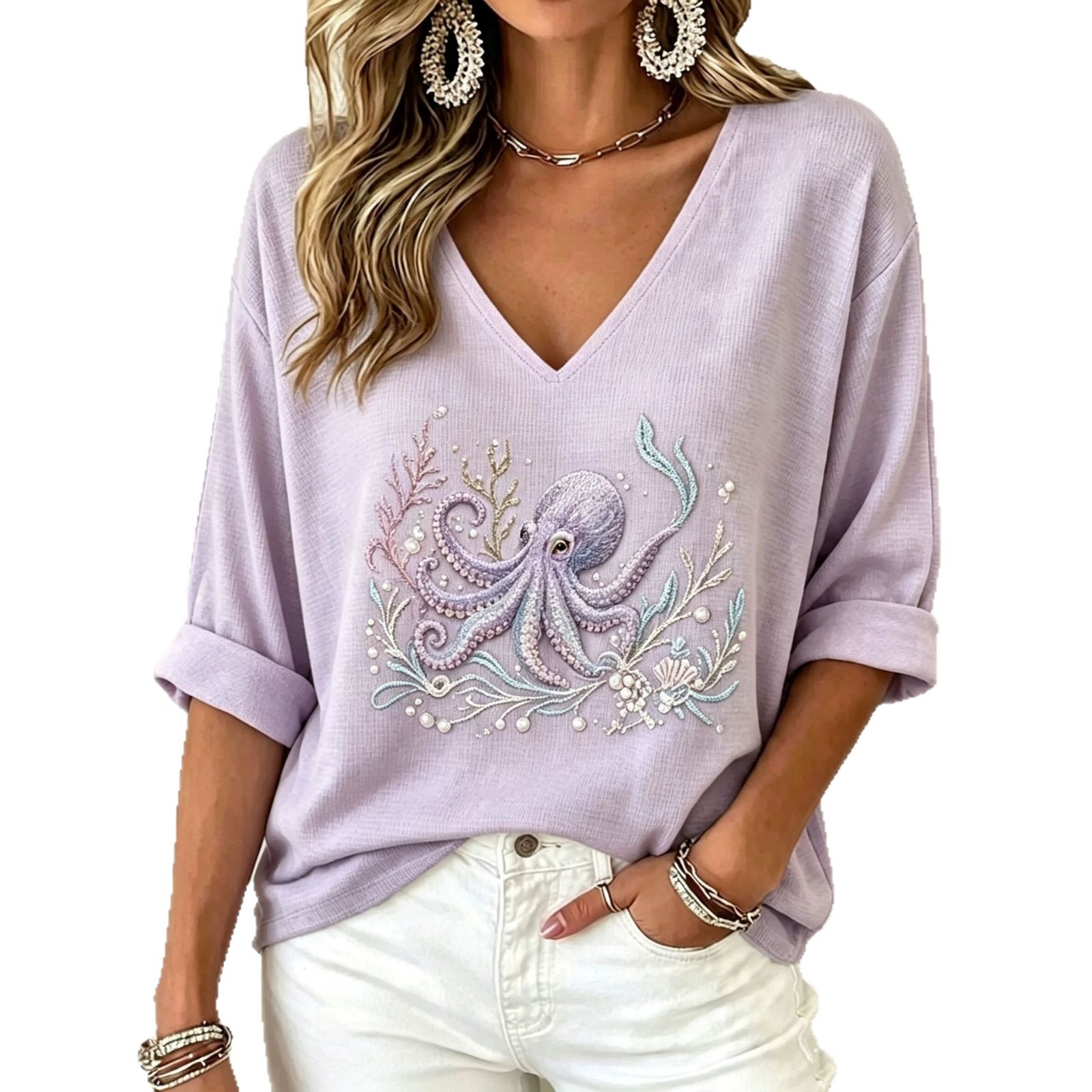 Printed V-neck Mid-sleeve T-shirt Womens Top