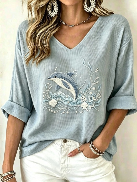 Printed V-neck Mid-sleeve T-shirt Womens Top