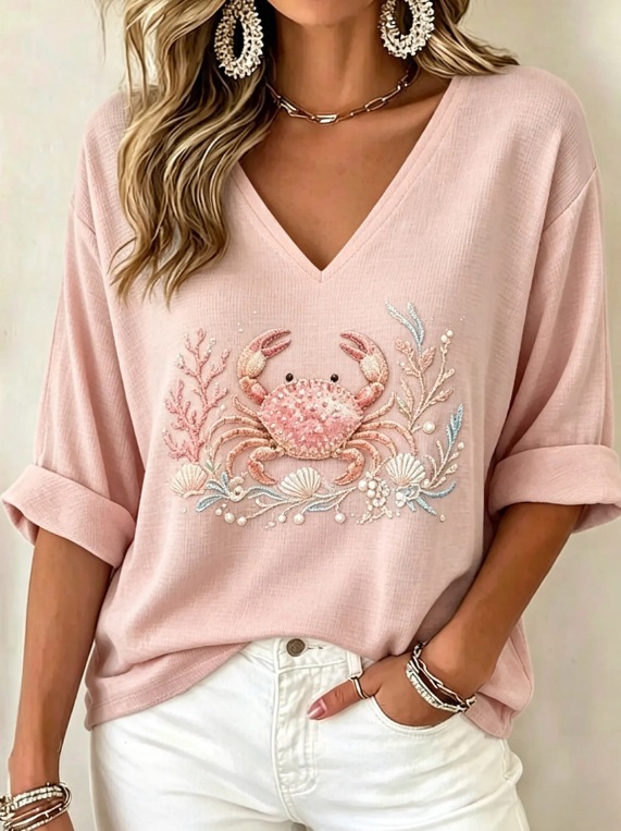 Printed V-neck Mid-sleeve T-shirt Womens Top