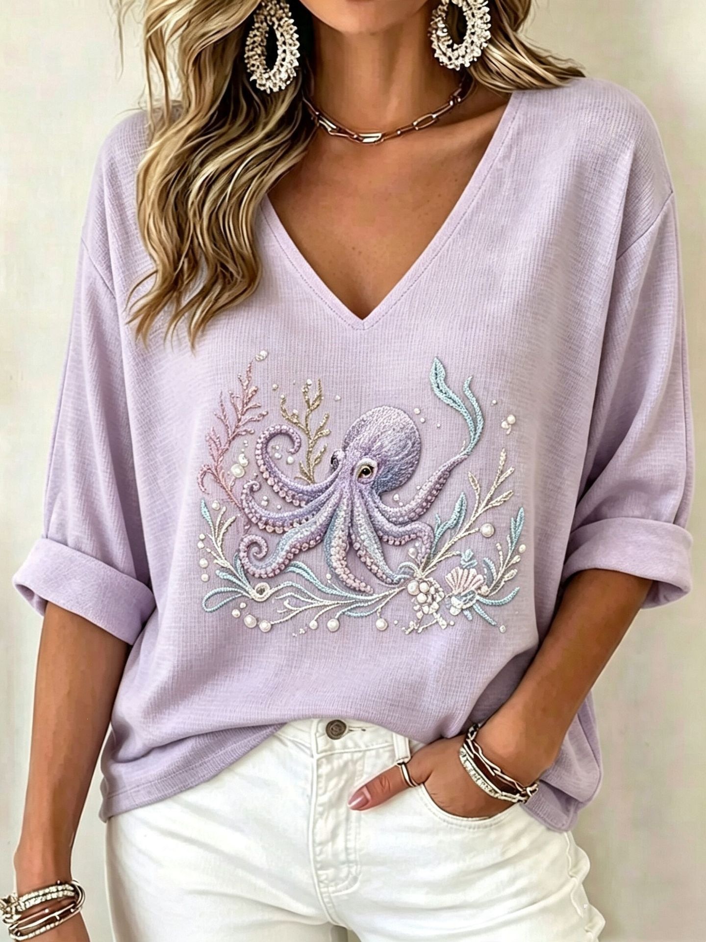 Printed V-neck Mid-sleeve T-shirt Womens Top