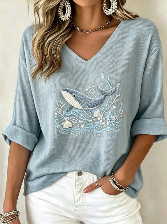 Printed V-neck Mid-sleeve T-shirt Womens Top