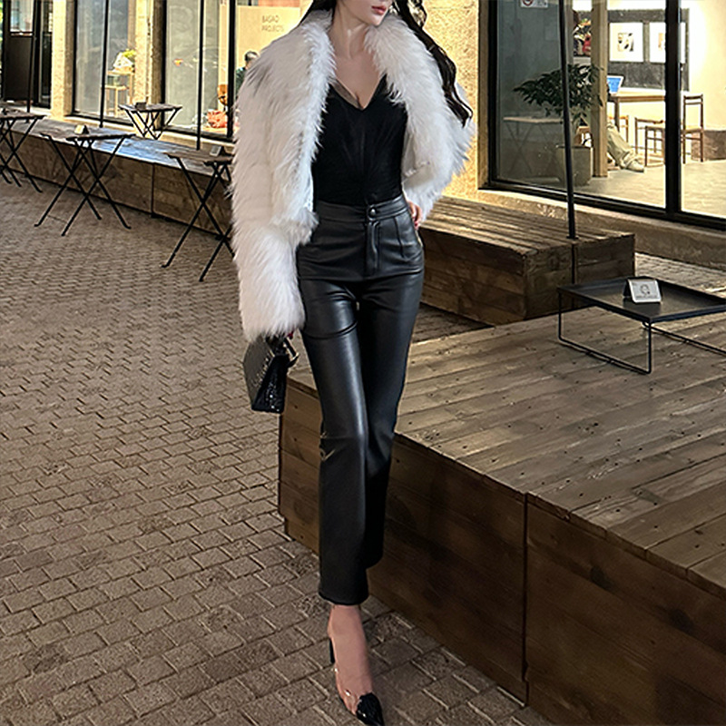 PU Leather Women's High-waisted Slim-fit Straight-leg Pants