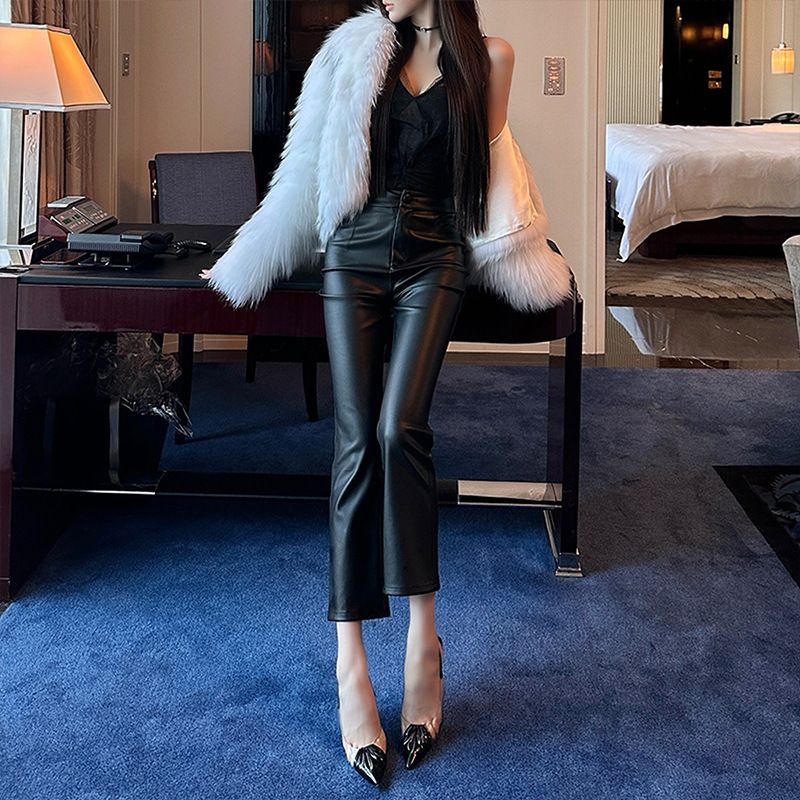 PU Leather Women's High-waisted Slim-fit Straight-leg Pants