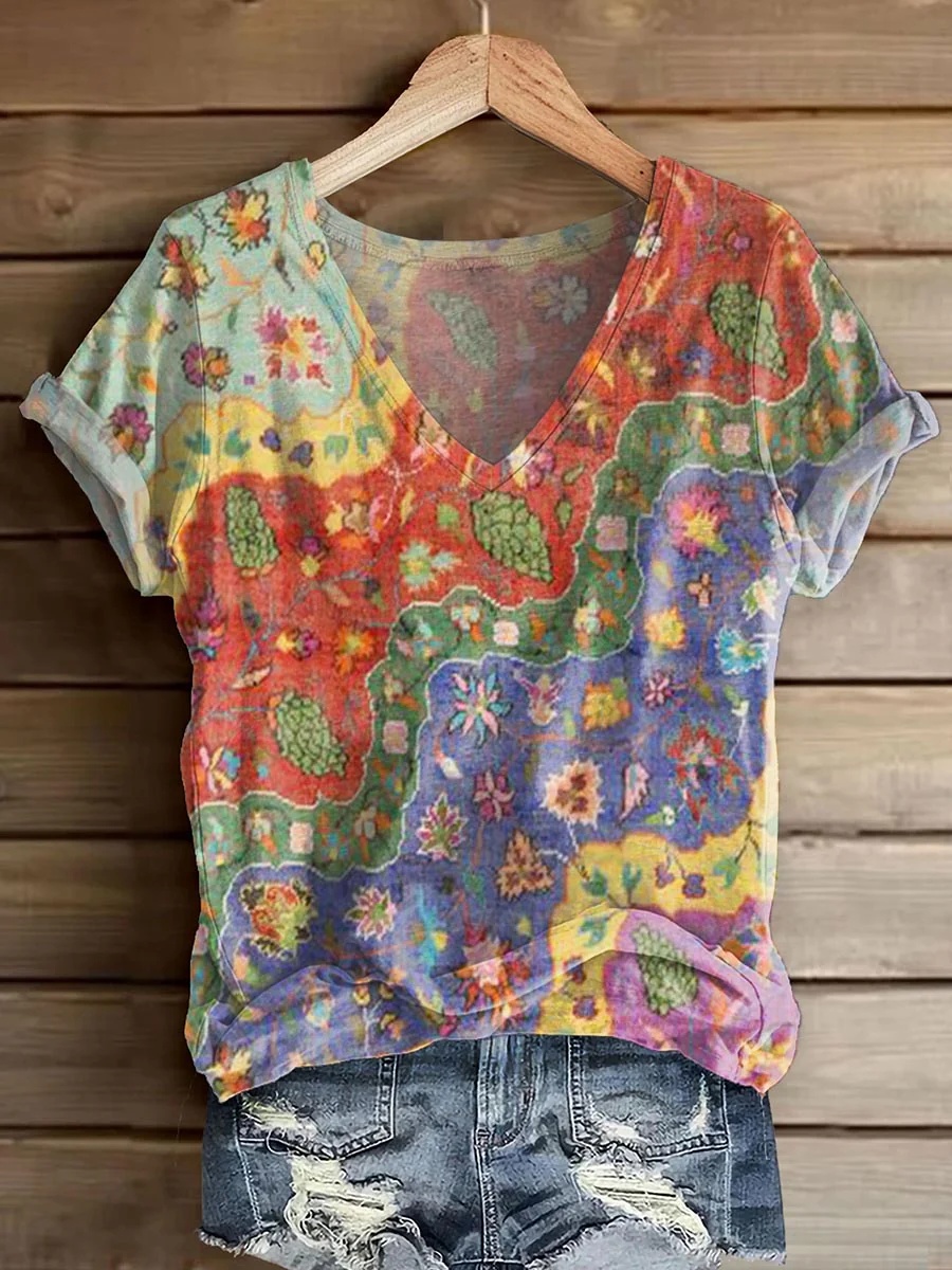 Pullover V-Neck Digital Print T-Shirt Top