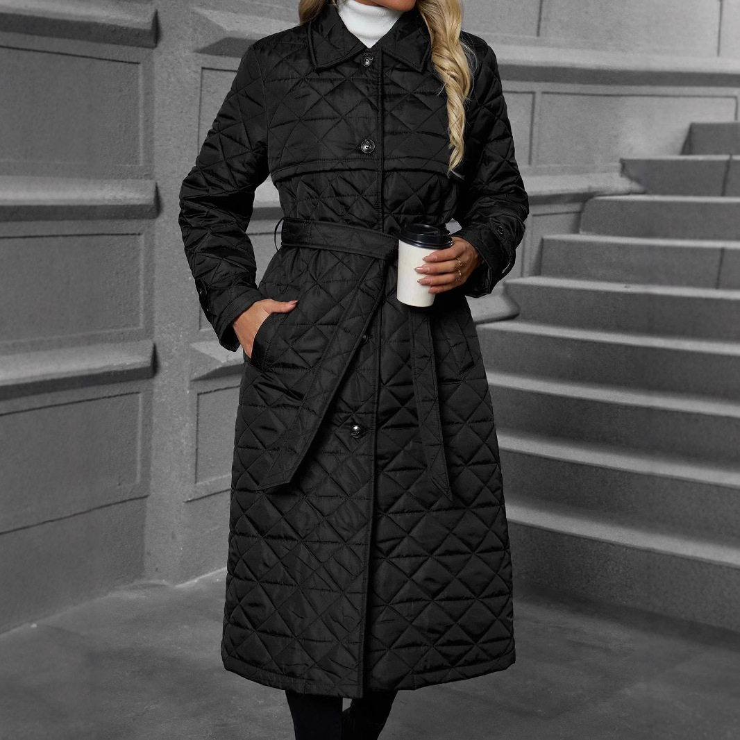 Quilted Embroidered Long Trench Coat Cotton-padded Jacket