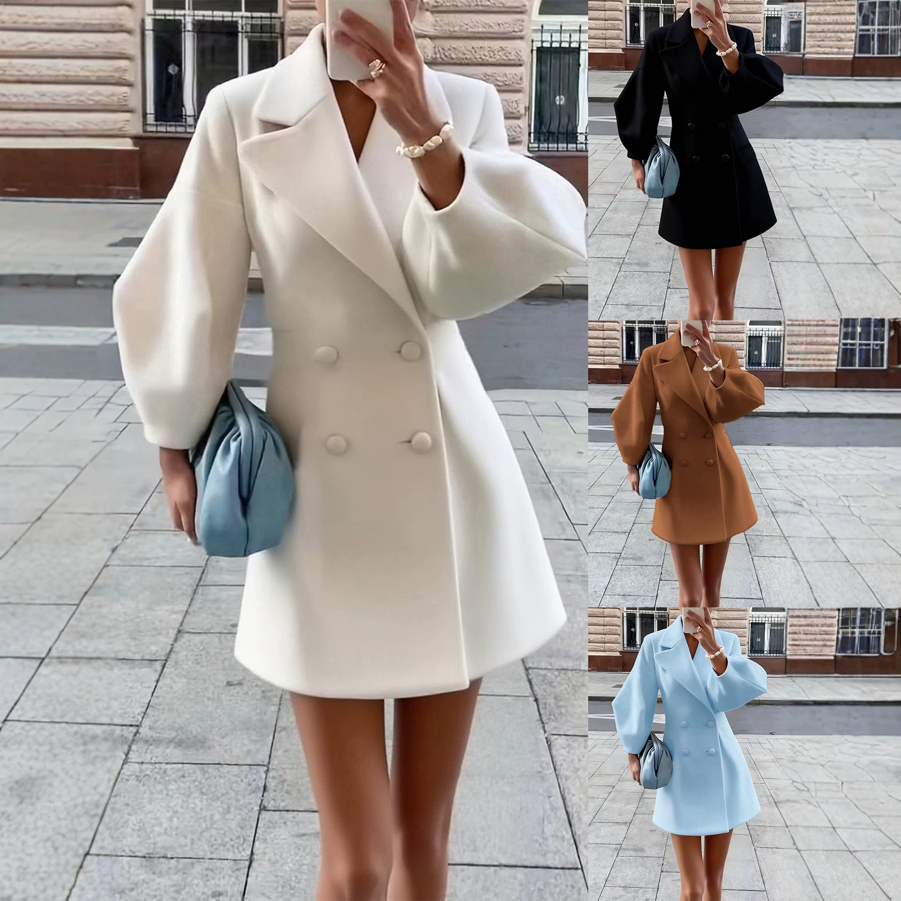 Retro Court-style Wool Coat With Puff Sleeves And A Large Lapel