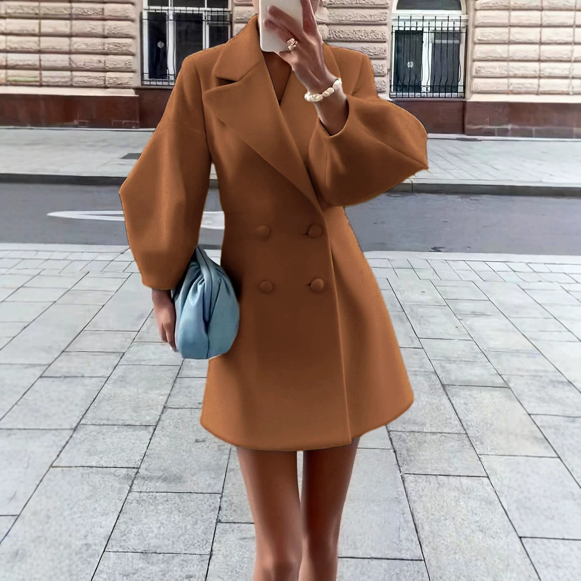 Retro Court-style Wool Coat With Puff Sleeves And A Large Lapel