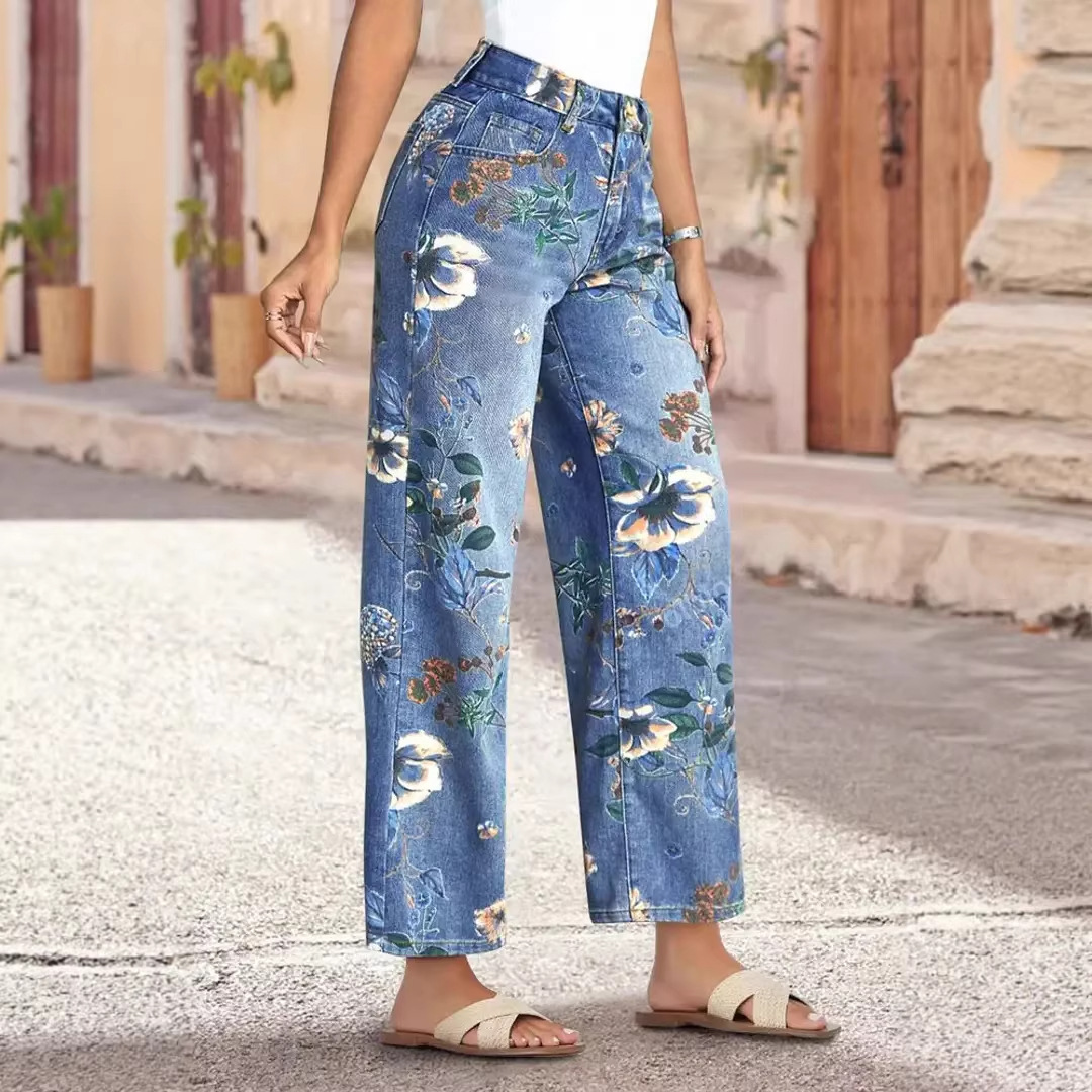 Retro Print Loose Wide-leg Denim Jeans Women