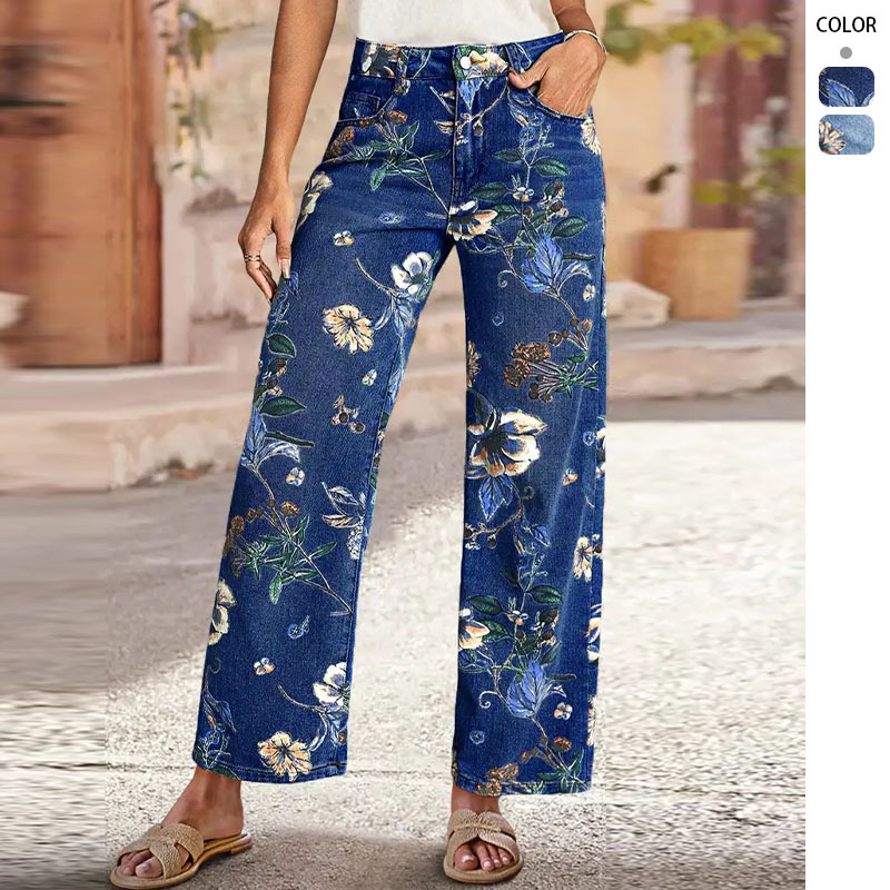 Retro Print Loose Wide-leg Denim Jeans Women