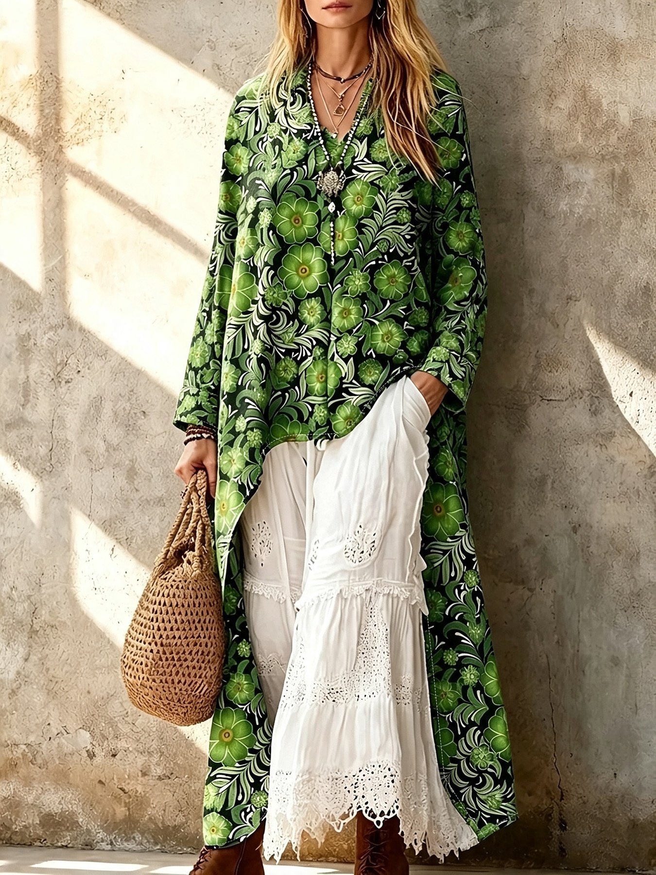 Retro-printed, Loose-fit, Long-back Hemline Shirt.