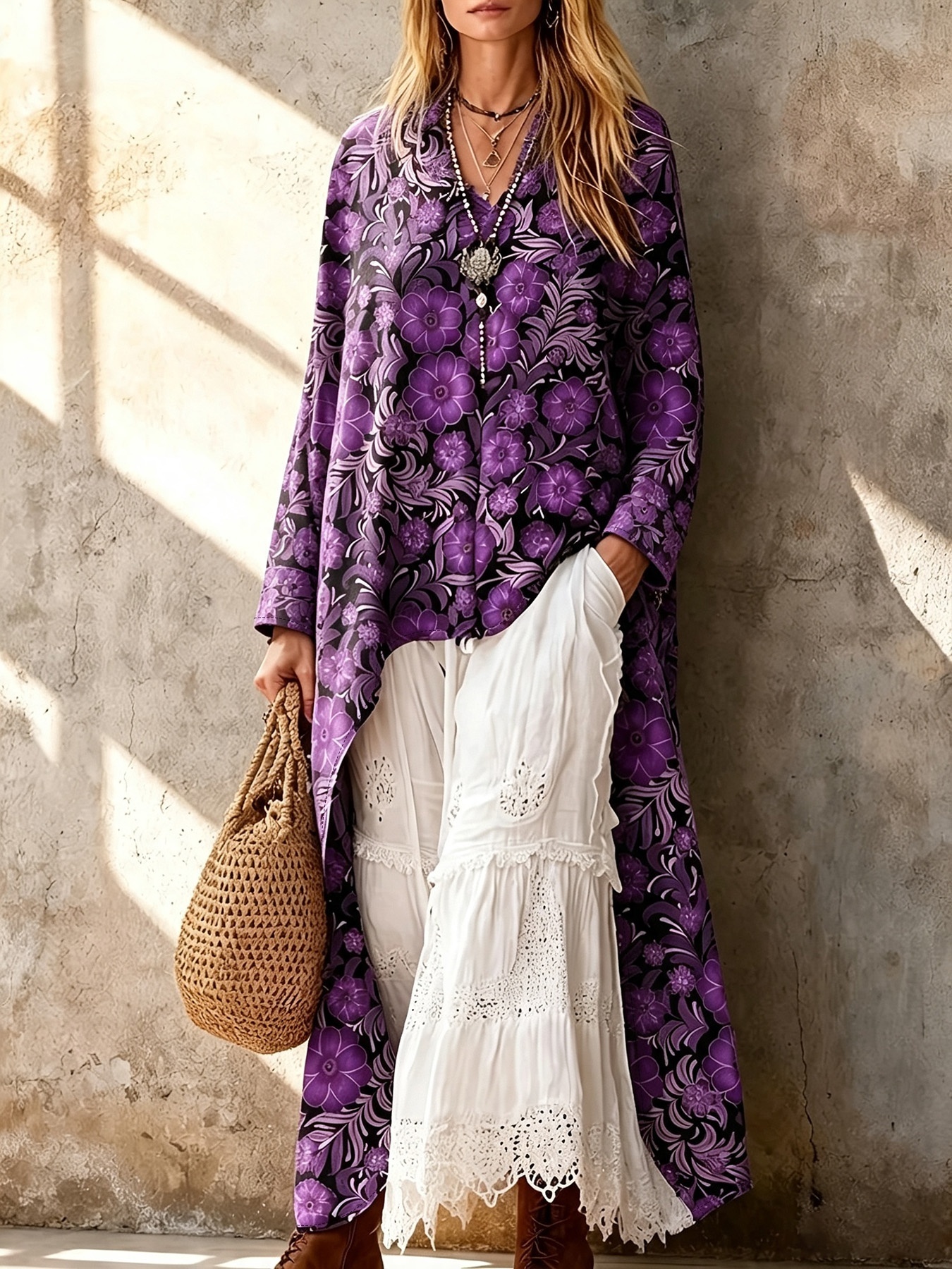 Retro-printed, Loose-fit, Long-back Hemline Shirt.